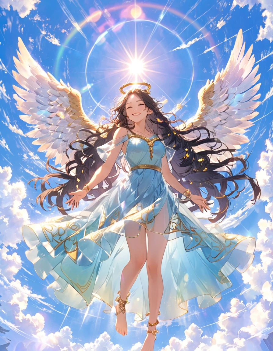 Flight,masterpiece, Sambathea, One Girl, whole body, (二枚のAngel wings:1.2),Angel, Light blue dress, Light blue long dress, money, anklet, barefoot, Very long hair, Black Hair, Floating Hair, Circlet, sun, Lens flare, cloud, blue sky, From below, Reaching out, View your audience, smile, Side slits