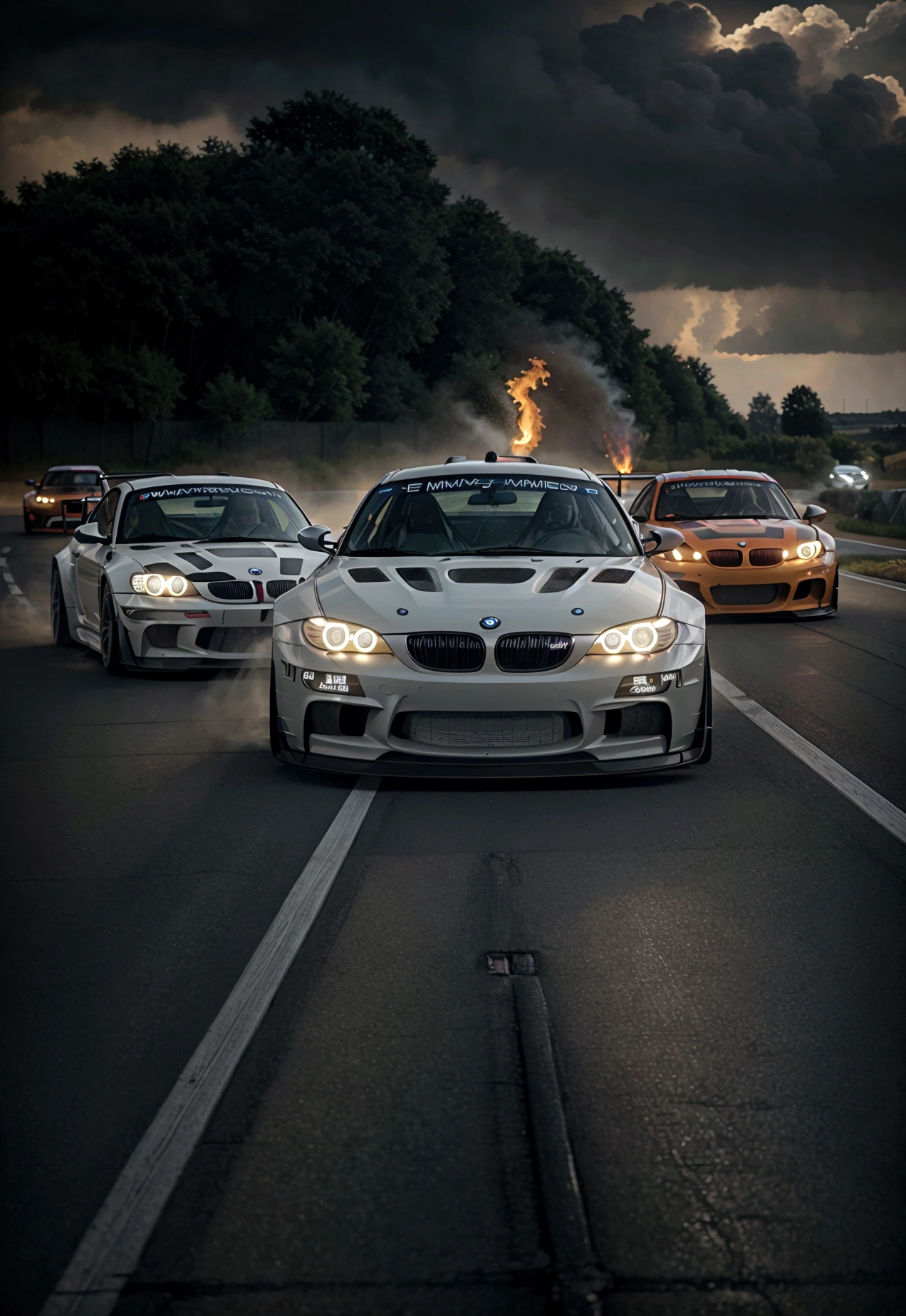 bmw e46 m3, porsche 991 GT3, Le mans race, fire behind, cinematic, dramatic lighting, high contrast, dramatic clouds, volumetric lighting, hyperrealistic, 8k, incredibly detailed, intricate details, photorealistic, sharp focus, studio lighting, vibrant colors, dynamic composition, cinematic angle, epic scale