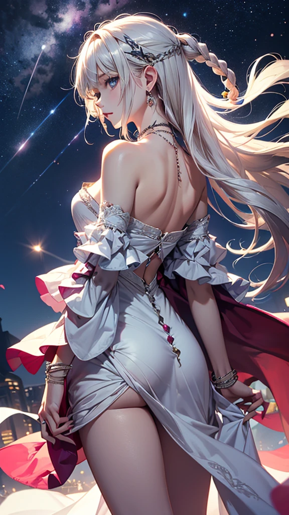 (masterpiece:1.5, Highest quality, Very detailed、 Dutch Angle、Semi-Realistic、Fantasy)(One girl, alone)(White and beautiful hair:1.4,,Straight Long Hair)(White based dress)、((Off the shoulder、Medium Chest、ruby necklace))(from backside,The buttocks are slightly visible、Legs wrapped in tights)(Beautiful starry sky、Mystical Night、Particles of light float around the woman、Fantasyな空間)