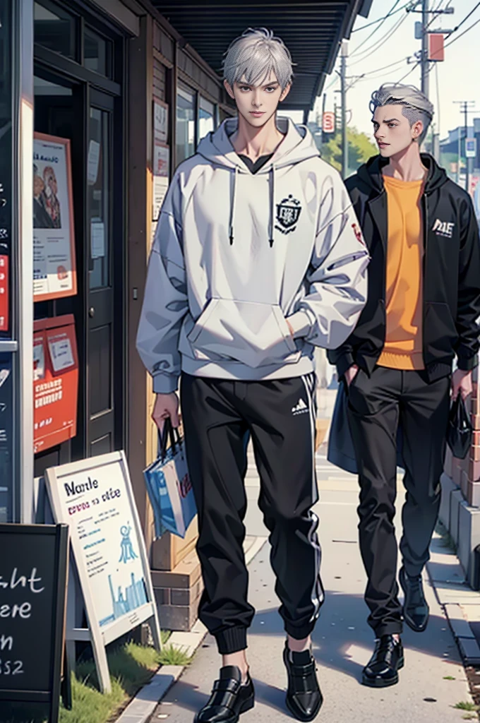 (tmasterpiece,Ultra-high resolution,16k uhd,high qulity),low tune,standing on your feet,looking at viewert,tmasterpiece,A tall man,Stand in front of a crowded restaurant,are standing,(Gray hair),Black eyes,ssmile,Seoul,(small heads),Tall man, Masculine face shape,Precise anatomy,Precise hand structure,Hoodies,track suit,espadrilles,wristWatch,Unity 16K wallpaper,concept-art,One guy,8K eyeature male))),(Upright ultra-short hair),(photorealiscic face:1.8),broad shoulder,slips,(full bodyesbian:1.6),Male 18