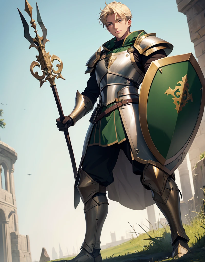 Male Youth with blonde hair, brown eyes and fair skin, wearing dark green knight armor and gray trousers, gauntlets and boots, weilding spear and shield, fullbody, medieval background, muscular
