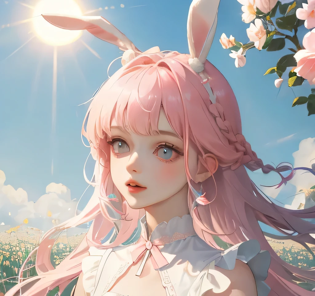 (high quality) (best quality) (a woman) (correct physiognomy) Woman, pink hair with bangs on her forehead, Bunny ears on her head, blue eyes, tender lips, middle age, a cute white dress style lolita, lighting of the photo: sunlight, It is in the middle of a field of flowers