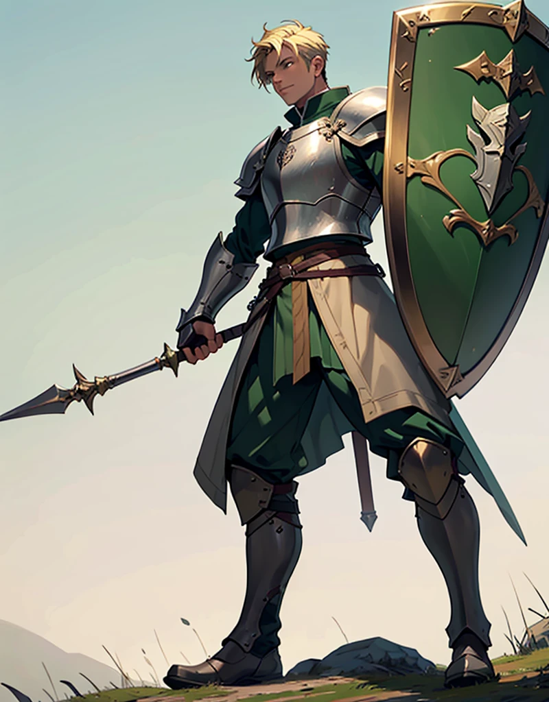 Male Youth with blonde hair, brown eyes and fair skin, wearing dark green knight armor and gray trousers, gauntlets and boots, weilding spear and shield, fullbody, medieval background, muscular