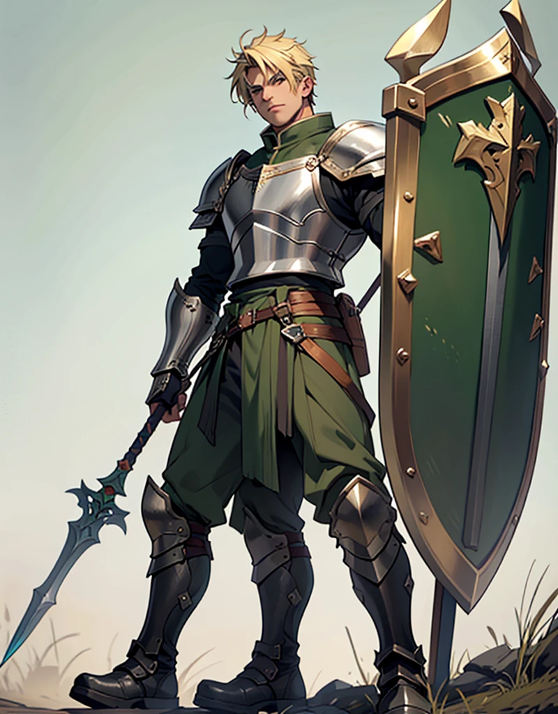 Male Youth with blonde hair, brown eyes and fair skin, wearing dark green knight armor and gray trousers, gauntlets and boots, weilding spear and shield, fullbody, medieval background, muscular