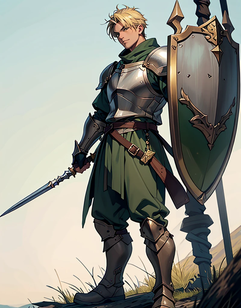 Male Youth with blonde hair, brown eyes and fair skin, wearing dark green knight armor and gray trousers, gauntlets and boots, weilding spear and shield, fullbody, medieval background, muscular