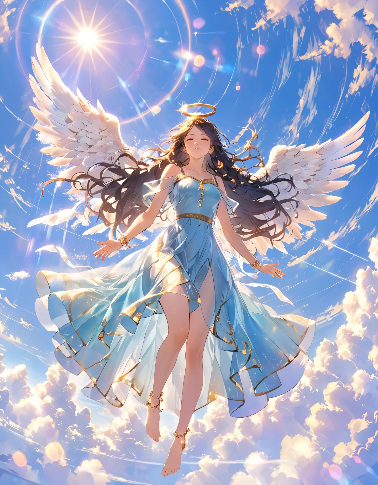 flight,masterpiece, Sambathea, One girl, whole body, (二枚のAngel wings:1.2),Angel, Light blue dress, Light blue long dress, anklet, Barefoot, Very long hair, Black Hair, Straight Hair, Floating Hair,  Circlet, sun, Lens flare, cloud, blue sky, From below, Reaching out, View your viewers, Straight face, Side slits