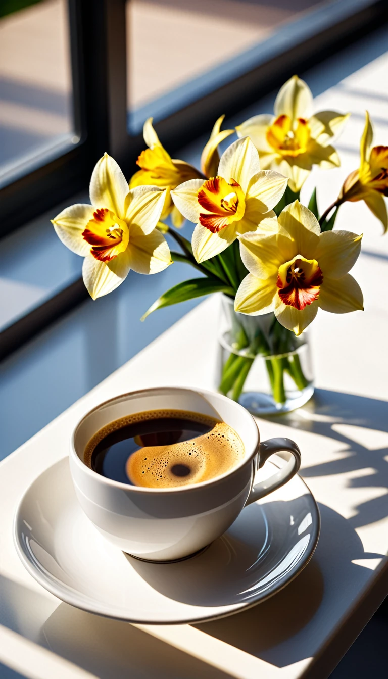 Best still life composition(best quality,4K,8K,High resolution,masterpiece:1.2),Super detailed,(Practical,photoPractical,photo-Practical:1.37),latté(clear focus、obvious)There is slight smoke in the white ceramic cup.Artist coffee impression.White sweater with clear texture,Wrinkles arranged randomly...Sophisticated and elegant.A bouquet of bright yellowish oncidiums laid flat from above(Lying flat on the table.From top to left.Make space on your desk)..Modern style cafe bokeh background.Super detailed.(Super quality,Super detailed,Ultra-complex,Extremely complex)Soft and natural light and shadow.Reverse fragrance.no humans.Ultra wide angle, (Detailed texture),Background covered with film grain, natural soft light,(Morning Scene.warm sunshine in the morning)Ray tracing, Vignette, Wide-angle lens, Ultra wide angle, best qualitycinematic lighting, Depth of Field, outer boundary, Negative space, Letterbox header image