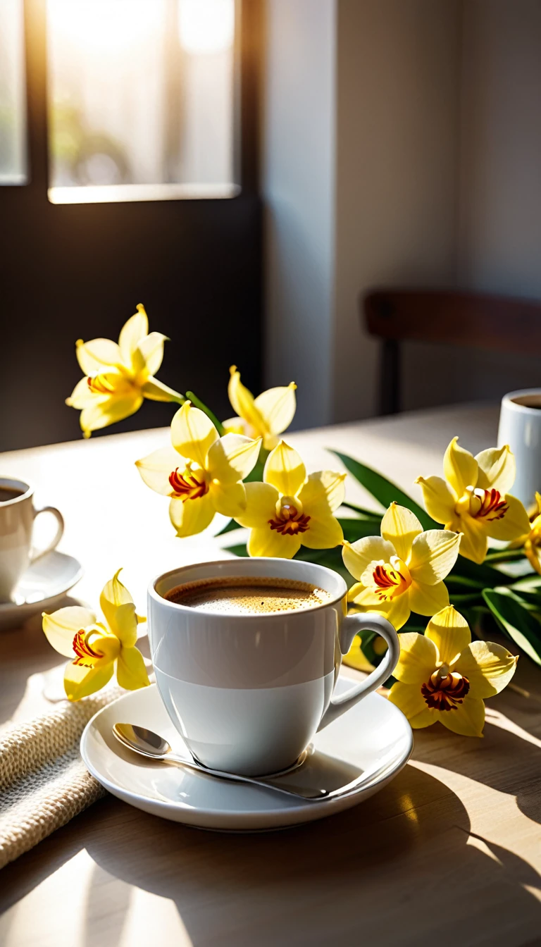 Best still life composition(best quality,4K,8K,High resolution,masterpiece:1.2),Super detailed,(Practical,photoPractical,photo-Practical:1.37),latté(clear focus、obvious)There is slight smoke in the white ceramic cup.Artist coffee impression.White sweater with clear texture,Wrinkles arranged randomly...Sophisticated and elegant.A bouquet of bright yellowish oncidiums laid flat from above(Lying flat on the table.From top to left.Make space on your desk)..Modern style cafe bokeh background.Super detailed.(Super quality,Super detailed,Ultra-complex,Extremely complex)Soft and natural light and shadow.Reverse fragrance.no humans.Ultra wide angle, (Detailed texture),Background covered with film grain, natural soft light,(Morning Scene.warm sunshine in the morning)Ray tracing, Vignette, Wide-angle lens, Ultra wide angle, best qualitycinematic lighting, Depth of Field, outer boundary, Negative space, Letterbox header image