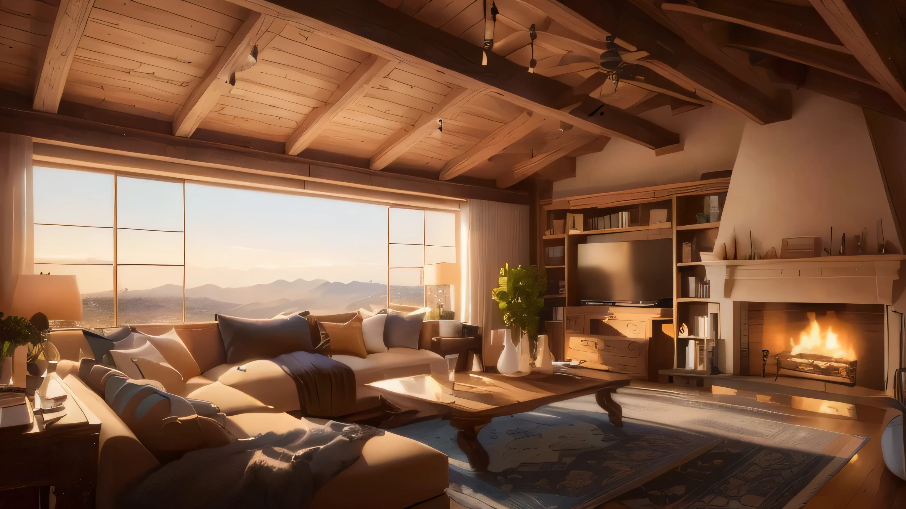 A fifty-something's living room with a fireplace, sofa and TV, Unreal 5 Engine Rendered, Warm living room, Rendered with Unreal Engine 5, 8K Rendered with Unreal Engine, Rendered with Unreal Engine 6, Rendered in Unreal 5, Render with Lumion Pro, Unreal Engine 4k hqでレンダリング, Unreal Engine 4k hqでレンダリング, Warm interior