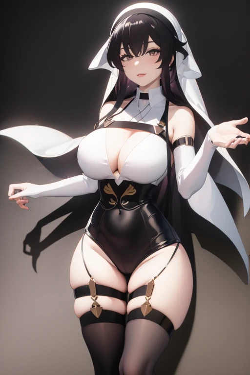 Masterpiece,best quality,8k Illustration,Kafka,Mihayou style,Flowing hair,Smooth lines,best quality,The finest details,Actress,Medium shot,The best background,Best quality,The brightest smile,Ultra Detailed,Best Illustration,The best shadow,Remodeled black and white nun uniform,White above knee,Black high heels,Tight-fitting upper body design,Highlight body curves,Exposing the legs,Short skirt, Looking at the audience, Put your hands behind your back,Large Breasts,The best costumes,The most beautiful proportion,The most realistic human body structure,Alone,The best costumes