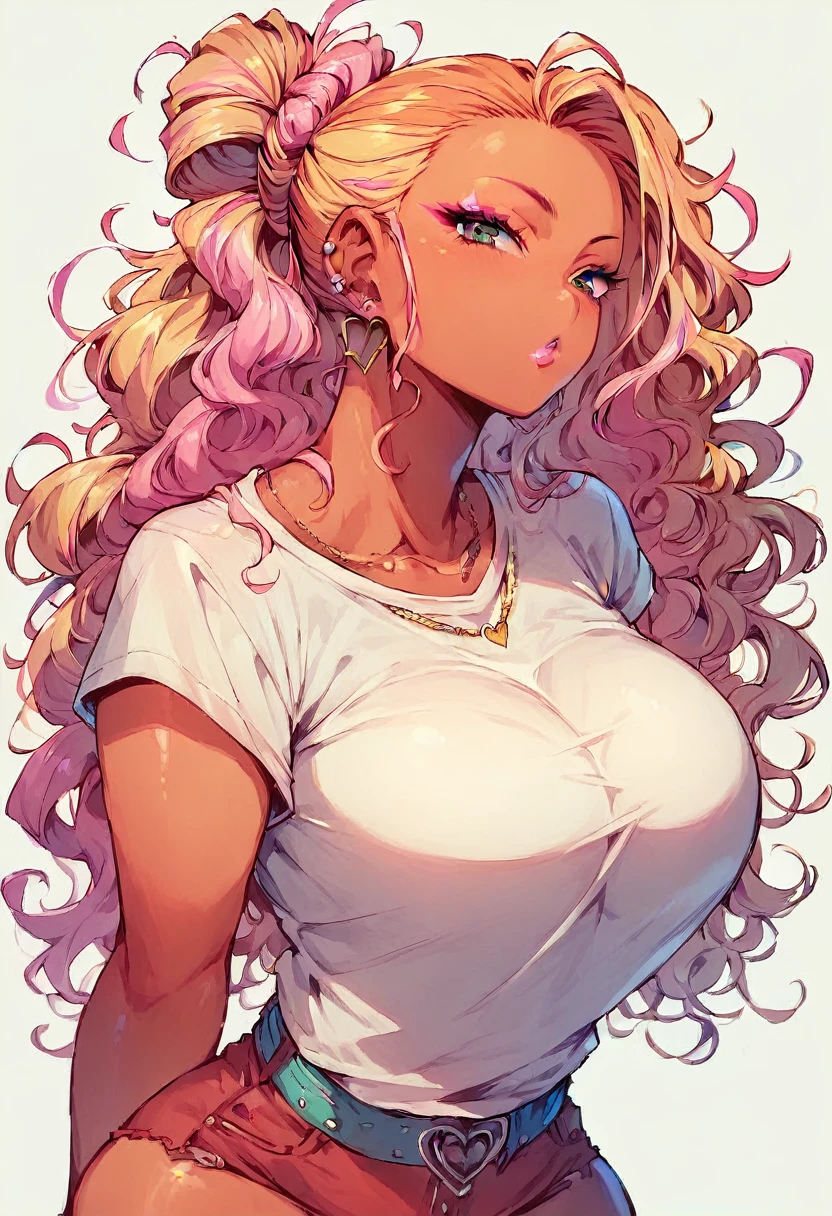 ,(sexy girl, gyaru,)) ,,nsfw, glamorous, voluptuous, curvy, forehead, shoulder-length wavy hair ,long hair tied back((t-shirt, spats))