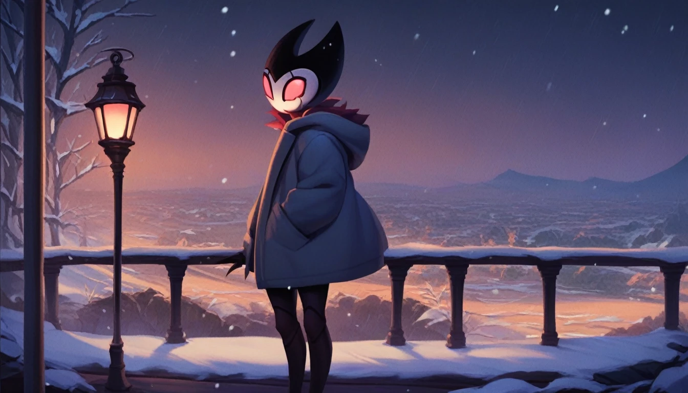 score_9, score_8_up, score_7_up, score_6_up, zPDXL2, grimm \(hollow knight\), vampire, bat, 1boy, solo, cute face, detailed eyes, anthro, clothed, landscape, highlight thighs, It's snowing outside, it's night, a lamp is on nearby, outdoor, winter coat, smiling, in a train station, profile picture, highlight thighs