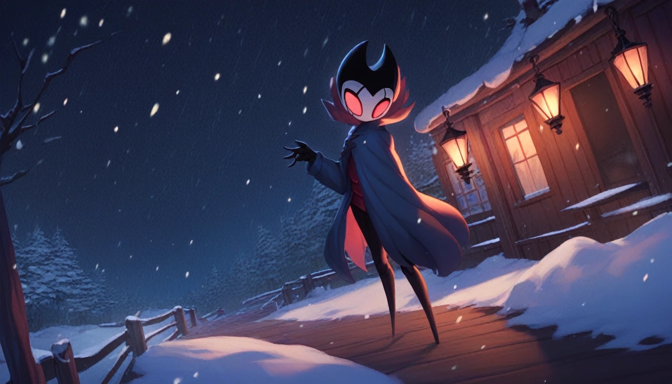 score_9, score_8_up, score_7_up, score_6_up, zPDXL2, grimm \(hollow knight\), vampire, bat, 1boy, solo, cute face, detailed eyes, anthro, clothed, landscape, highlight thighs, It's snowing outside, it's night, a lamp is on nearby, outdoor, winter coat, smiling, in a train station, profile picture, highlight thighs