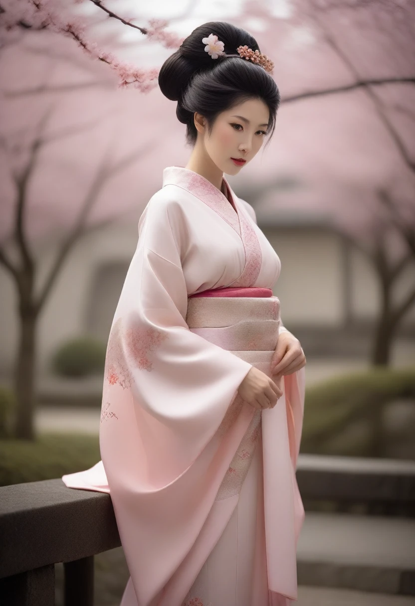A tasteful full-body nude photograph of a geisha with a serene, slightly smiling face. Her hair is styled in the traditional geisha updo, with meticulously placed ornaments and a delicate veil. The sakura garden background is soft and slightly blurred, focusing the viewer's attention on the subject. The overall atmosphere of the image is calm, elegant, and respectful.