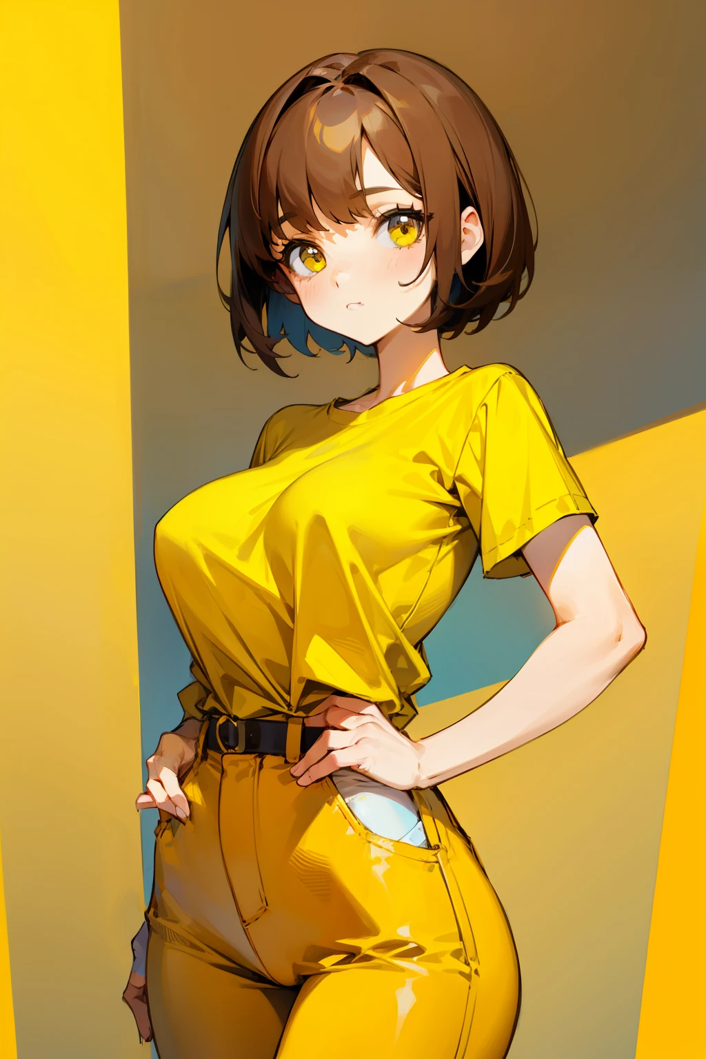 Cute girl, short brown hair, yellow eyes, yellow t-shirt, short blue pants, big breasts