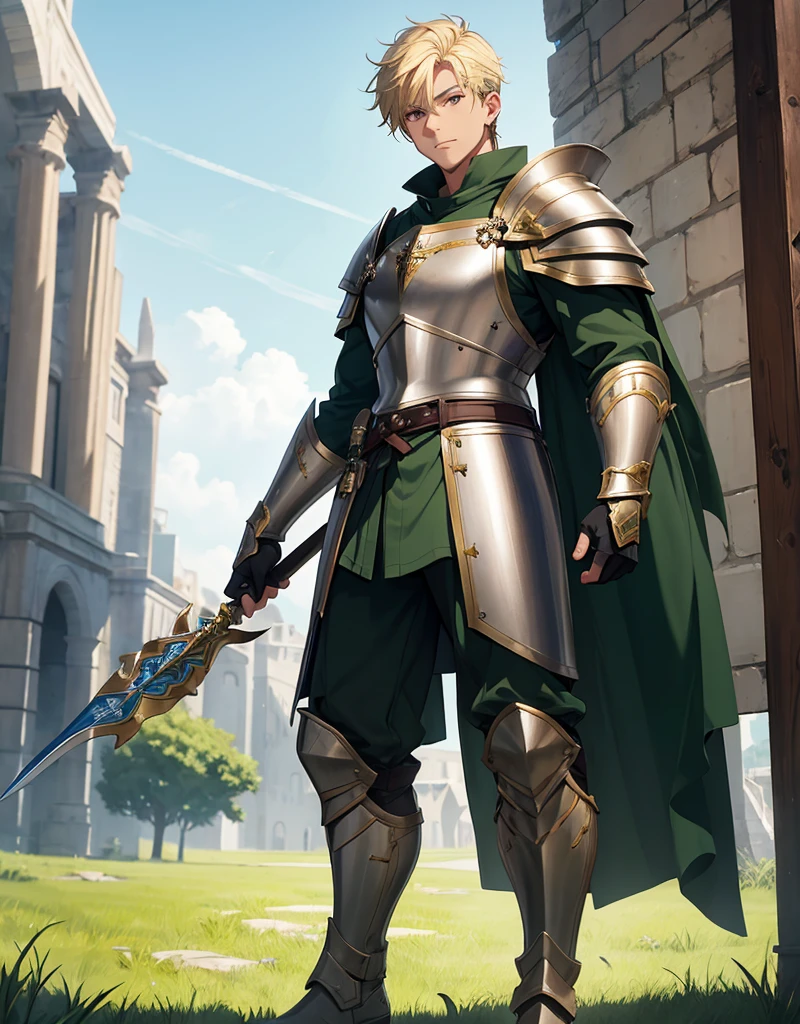 Male Youth with blonde hair, brown eyes and fair skin, wearing dark green knight armor and gray trousers, gauntlets and boots, weilding spear and shield, fullbody, medieval background, muscular