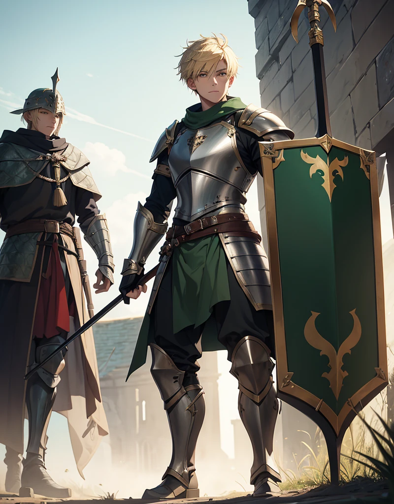 Male Youth with blonde hair, brown eyes and fair skin, wearing dark green knight armor and gray trousers, gauntlets and boots, weilding spear and shield, fullbody, medieval background, muscular