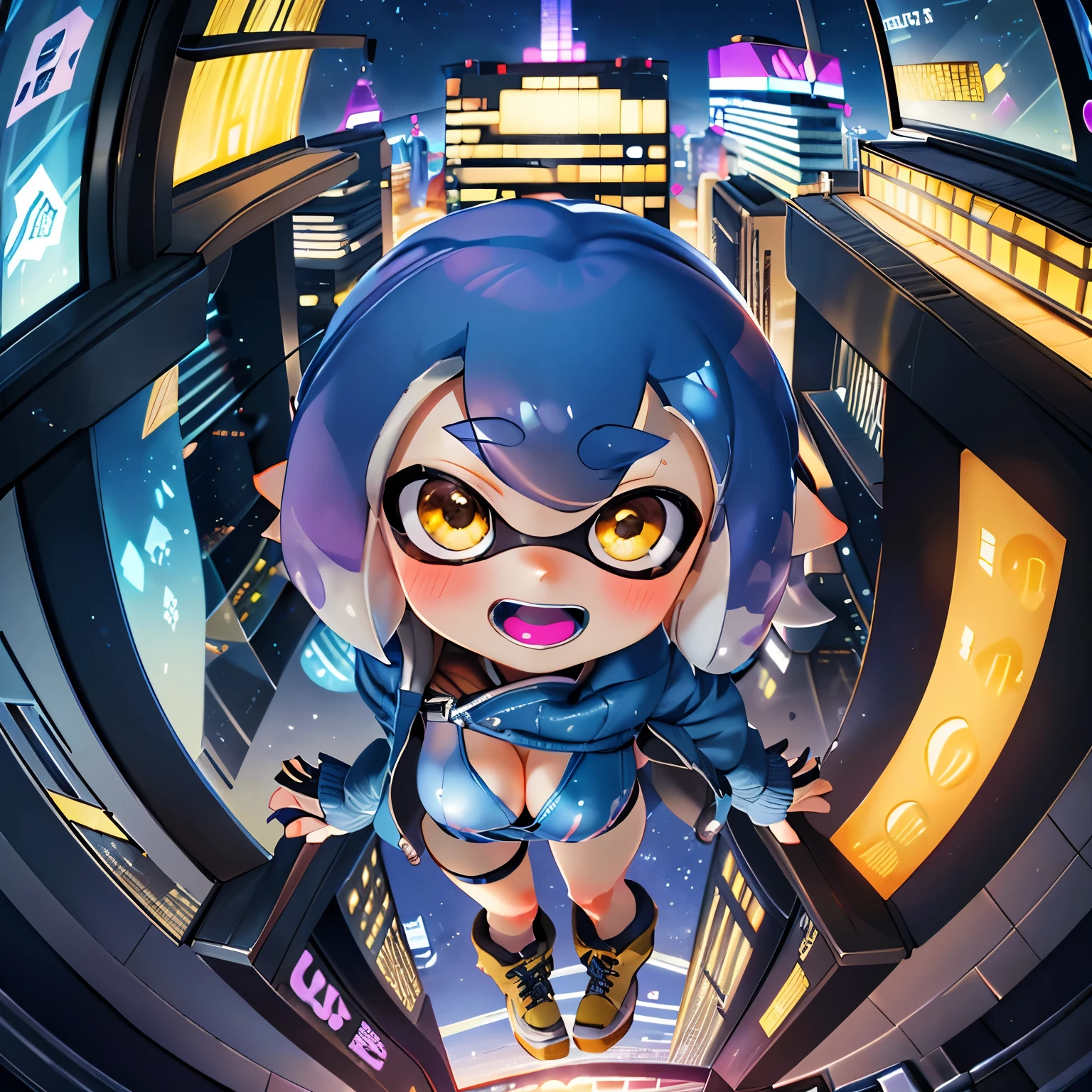 (masterpiece:1.2), Highest quality,Realistic, High resolution、
Cyber World,One Splatoon girl, Letterbox, alone, Golden Eyes、Open Mouth Smile、blush、A slightly thinner face、Golden tentacle hair, Big Breasts、Cleavage、scenery, short hair, Jacket, sf, Holding, Holographic interface, Observation deck of a skyscraper、Outdoor、Miniature city、city, blue Jacket, Fingerless gloves, city lights, Girl looking up, cityscape, boots, building, night, Angle from above、Dynamic Pose、Fisheye Lens、Real Anime、3d、