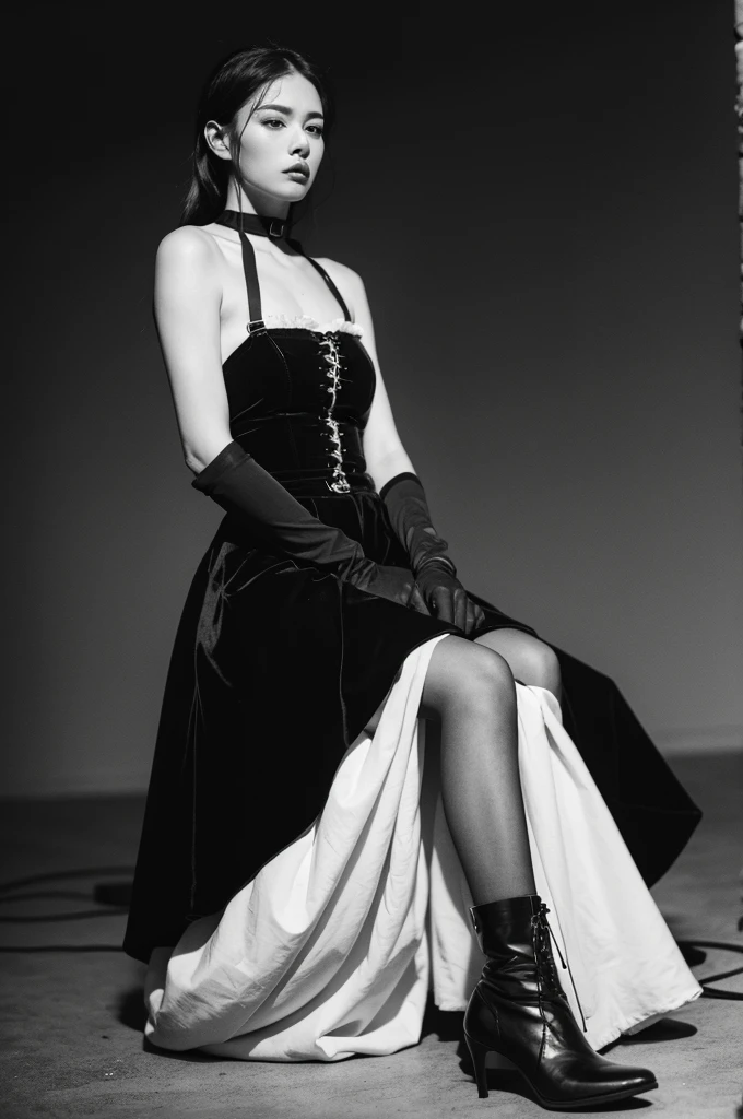 A man with his hands and feet tied with rope and his mouth taped shut., A pretty woman wearing long gloves