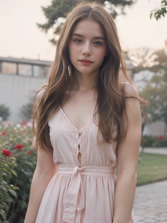 ((best quality)), ((masterpiece)), (detailed), 8k, RAW photo, Fujifilm, style photo of a beautiful young woman as avril in a garden of light pink roses (highly detailed skin: 1.2) Style-Petal BREAK long hair, blonde hair with colored locks, wearing a dress, film granulation, 35mm, cute style