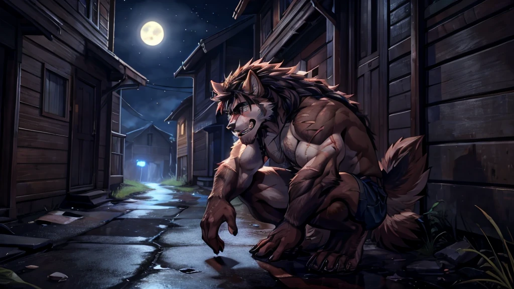 A hairy werewolf abandoned on the side of the road at night, muscular, athletic, sentimental, delicate features, bright colors, anime style, realistic, 8k, super detailed, representative, with scars and features. Bright eyes and teeth, tall and handsome, beautiful hair, special color. Tearful, unwilling, ragged, unhappy; Frustrated, crouched on the ground, weeping