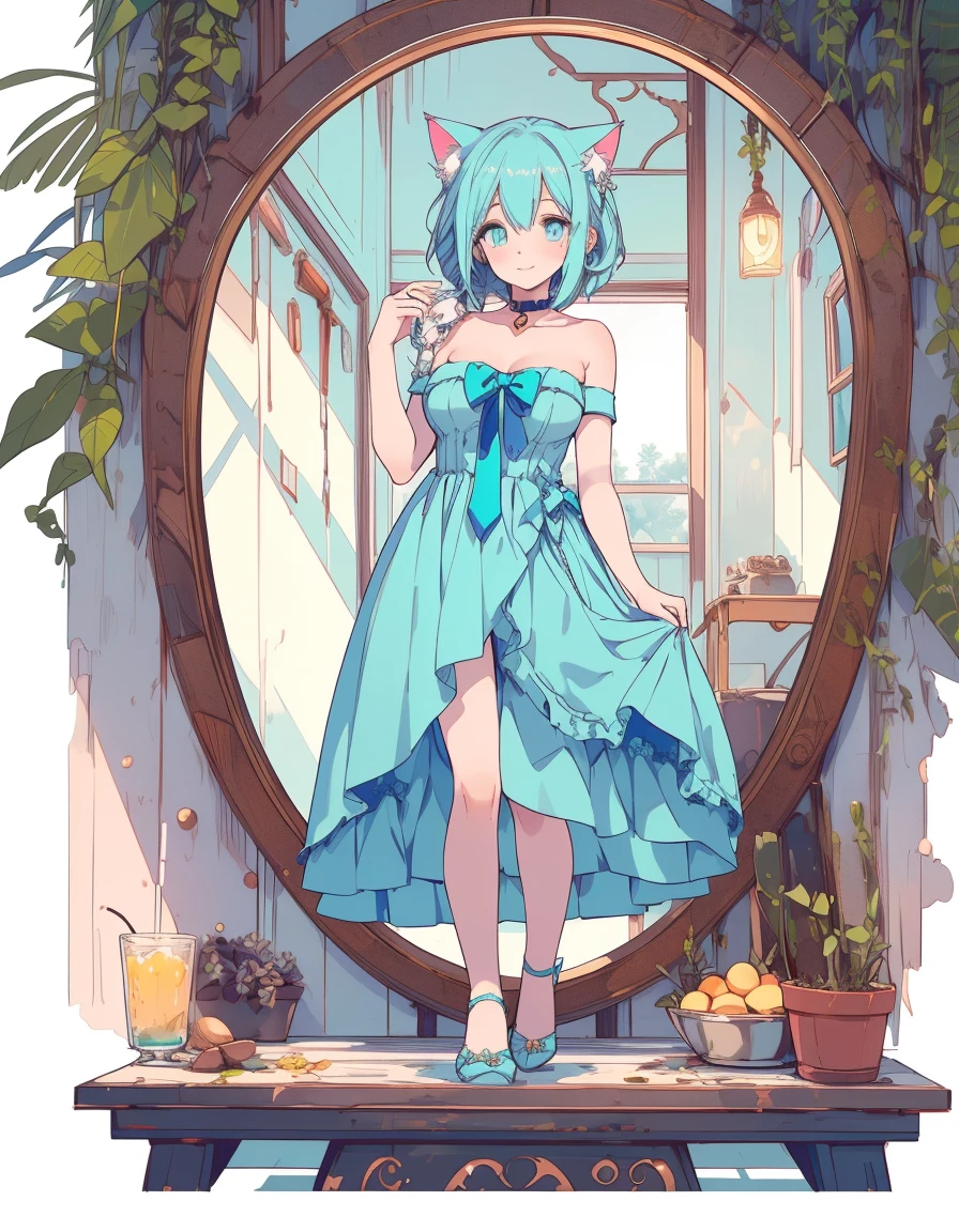 breasts out, strapless, smile, full body, mirror lake, ((masterpiece, best quality:1.5)), ((Beautiful detailed cat aqua eyes:1.2)), cat ears, pale skin, medium breasts, beautiful hands, beautiful fingers, EasyNegative