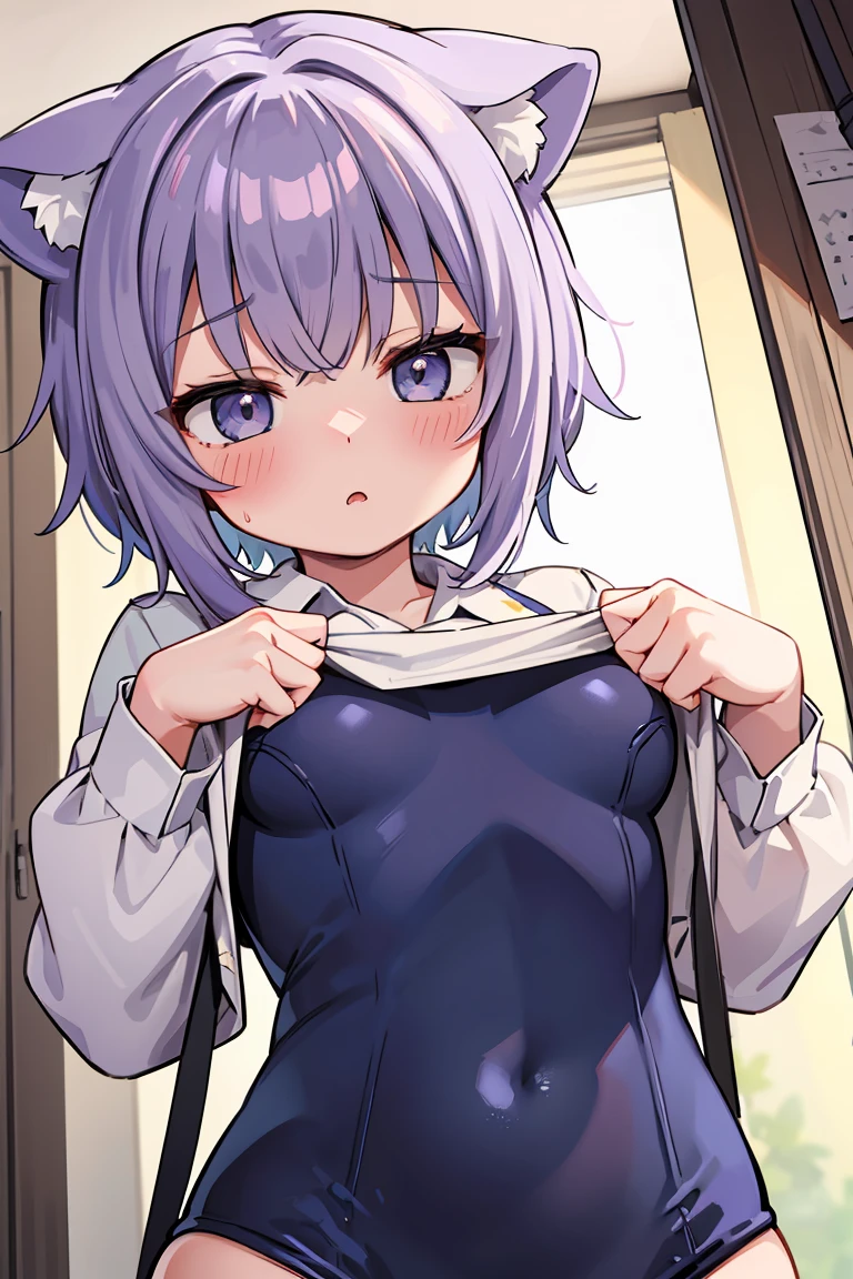 vtuber | Cat porridge | nekomata-okayu,Browsing Caution,1 Girl,,,chest,尖ったchest,chestの谷間,Underbust,Side Bust Barbosa,(blush),((Embarrassing)),Spread out and masturbate((A navy blue school swimsuit with no writing on it))round 1(((chestを持ち上げる)))((View from below、View from below))Upper body close-up,(巨大なchest)