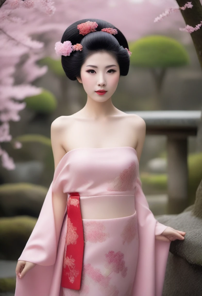 whole body beautiful geisha, (nude:1.5). geisha hair style, (slight smile:1.5), sakura garden