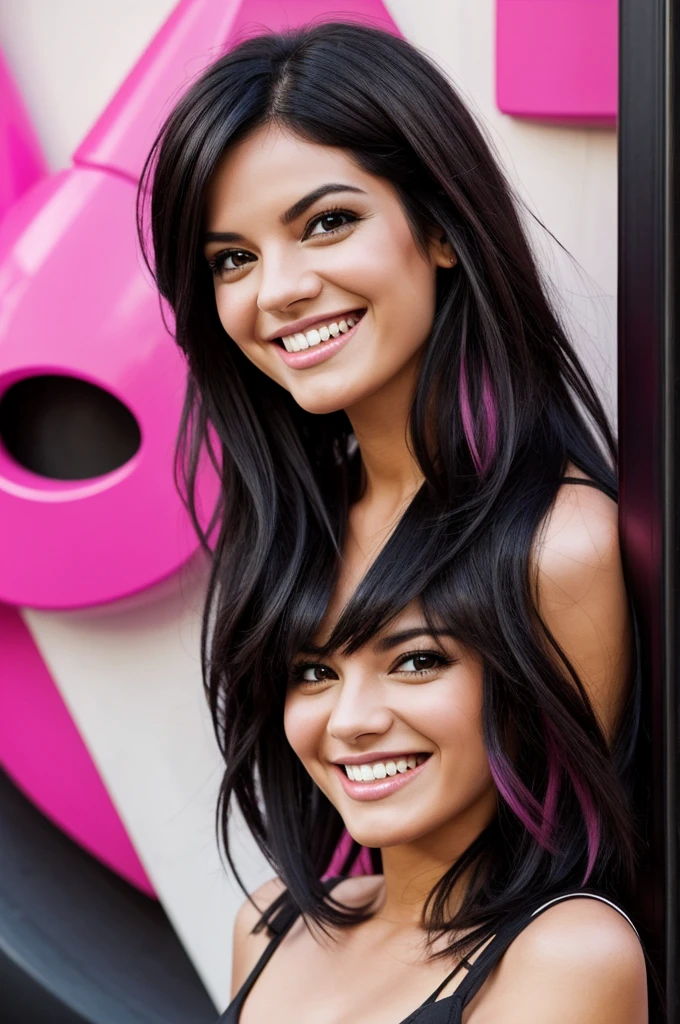 Woman, playful and energetic, puñk rock style, long black wolfcut hair, downturned dark brown eyes, playful happy grin