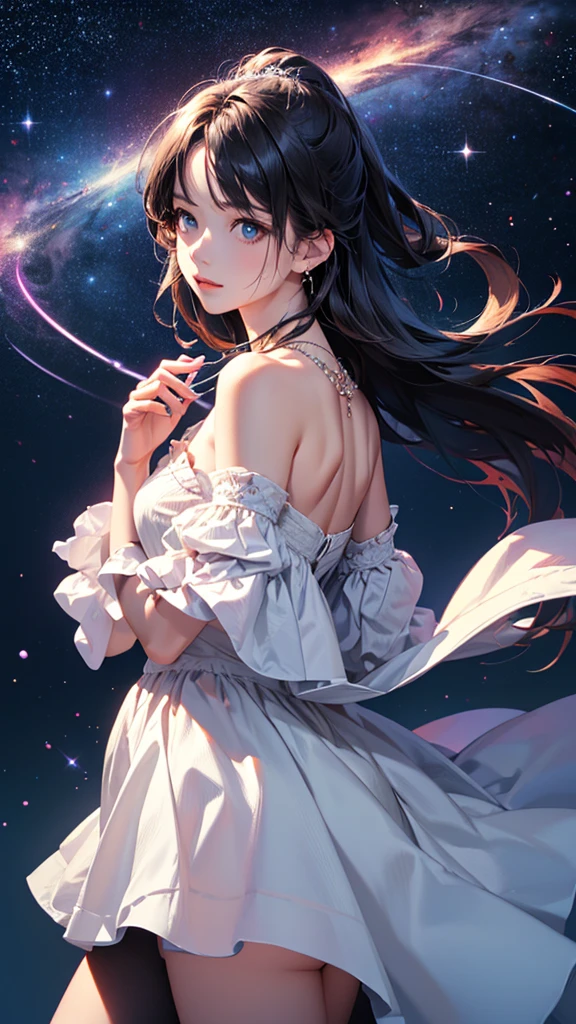 (masterpiece:1.5, Highest quality, Very detailed、 Dutch Angle、Semi-Realistic、Fantasy)(One girl, alone)(White and beautiful hair:1.4,,Straight Long Hair)(White based dress)、((Off the shoulder、Medium Chest、ruby ​​necklace))(from backside,Legs wrapped in tights)(Beautiful starry sky、Mystical Night、Particles of light float around the woman、Fantasyな空間)
