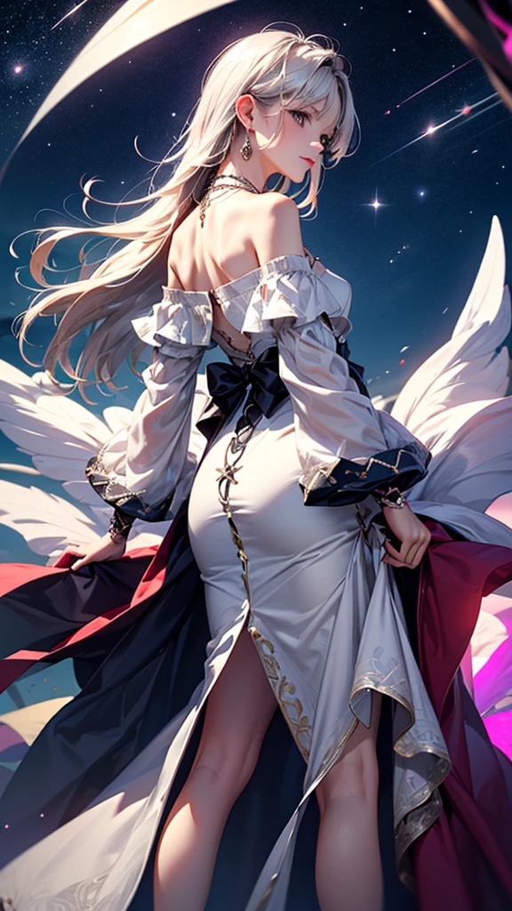 (masterpiece:1.5, Highest quality, Very detailed、 Dutch Angle、Semi-Realistic、Fantasy)(One girl, alone)(White and beautiful hair:1.4,,Straight Long Hair)(White based dress)、((Off the shoulder、Medium Chest、ruby ​​necklace))(from backside,Legs wrapped in tights)(Beautiful starry sky、Mystical Night、Particles of light float around the woman、Fantasyな空間)
