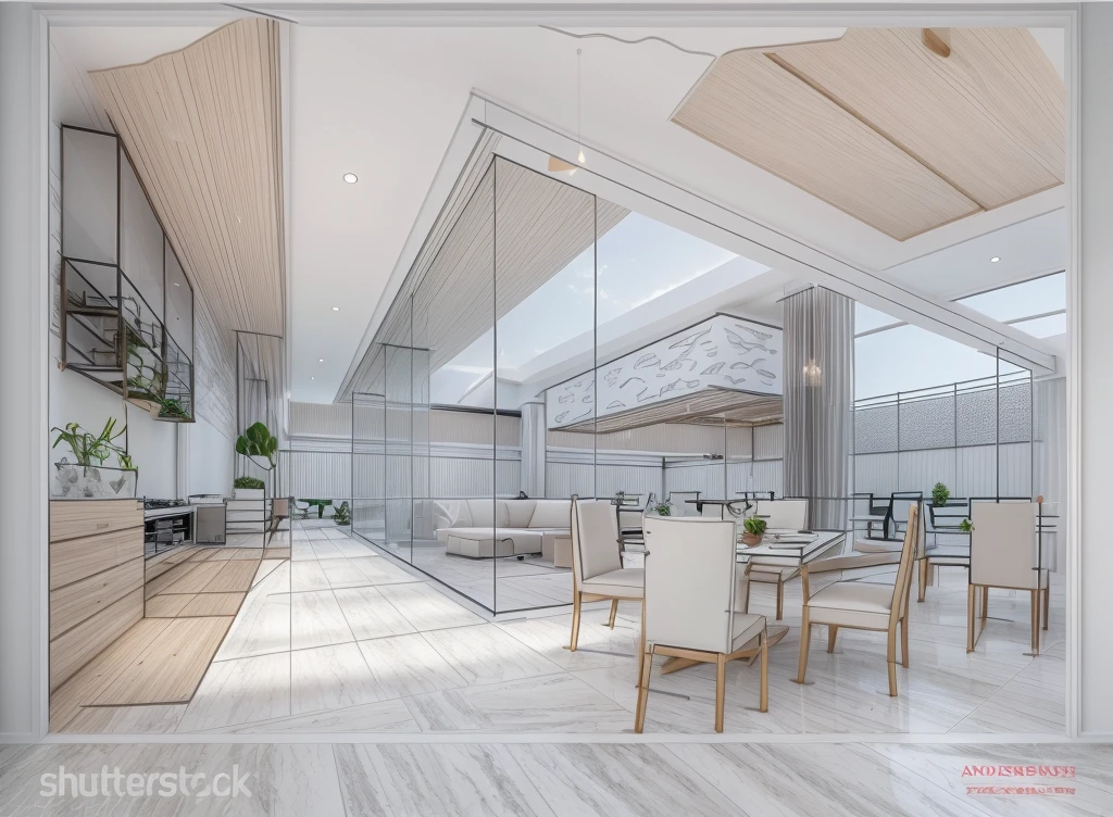 Daylight, beautiful sky, soft light, high quality, best quality, realistic, detailed, modern STYLE too coffee 1.8, WHITE walls, Window glass, luxurious space, ceramic tile background
