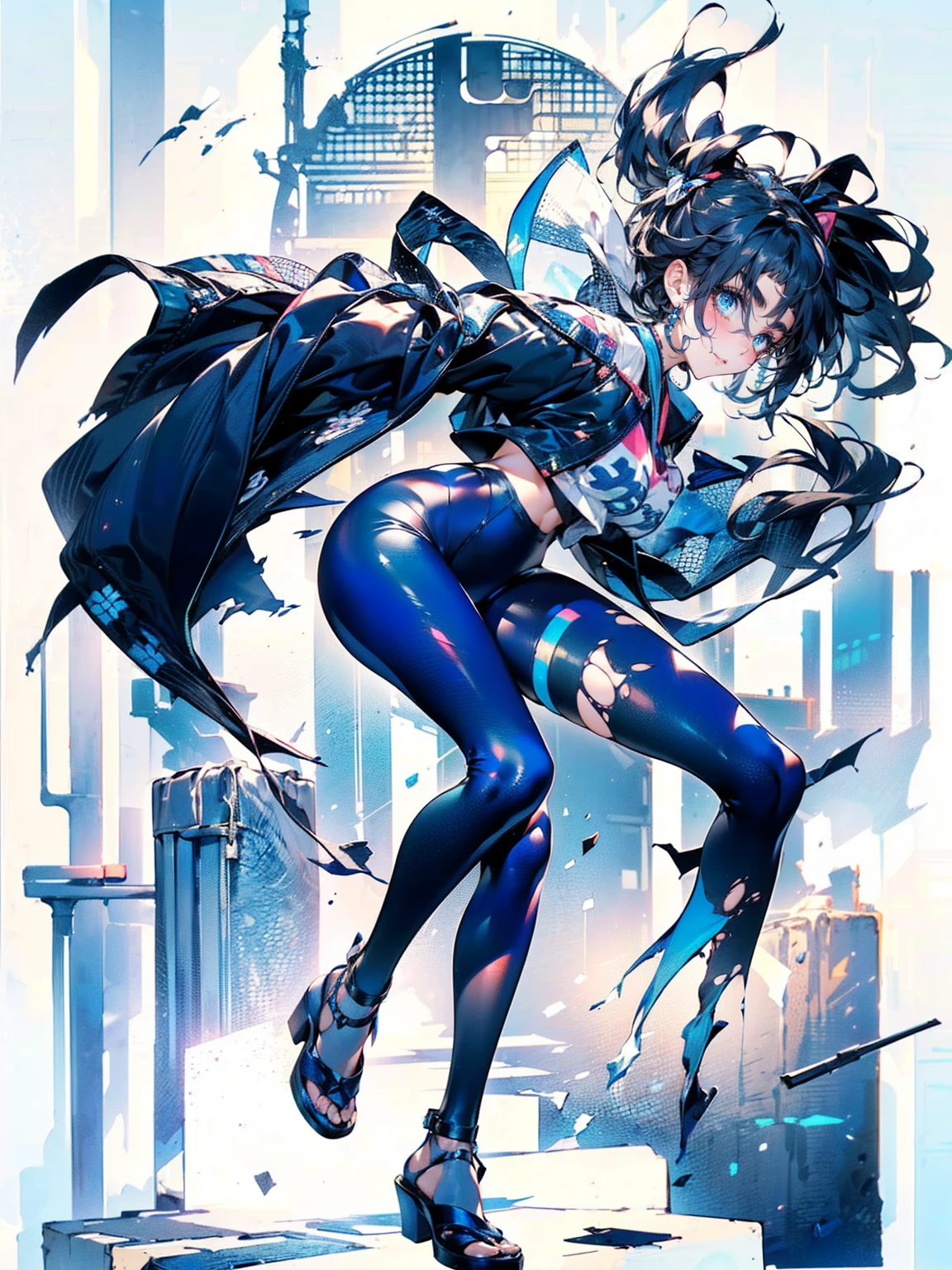 , (White Hair Girl), (Thick, dark blue eyebrows:1.4), (Dark blue eyebrows:1.7), (Thick eyebrows:1.3), (Huge black fluffy animal ears:1.1), (Black animal ears:1.1), BREAK, (((Mesh Stitching Crop T-Shirt, Cutout Long Sleeve Top))),BREAK, (Big Breasts:1.2, Thick legs, Adult female body, Sturdy body:1.5, Japanese style costume:1.5, Beautifully colored kimono:1.5,), ((Action pose:1.4 )), (sharp eyes, Ultra-high definition CG, Precisely designed costumes, 4K, 8K, Ultra-high definition CG, Precisely designed costumes, Clear lines, Expressive and Captivating Eyes, Fine Details and Realistic Textures, cinematic lighting), ((white background)), BREAK, (Wearing black leggings with holes), Skinny sleeves, (Torn and holey leggings:1.2)(Black leggings:1.4), (過剰なRuggedThick soleブーツを履いています:1.2), (Thick sole:1.5), (Big shoes:1.3),
