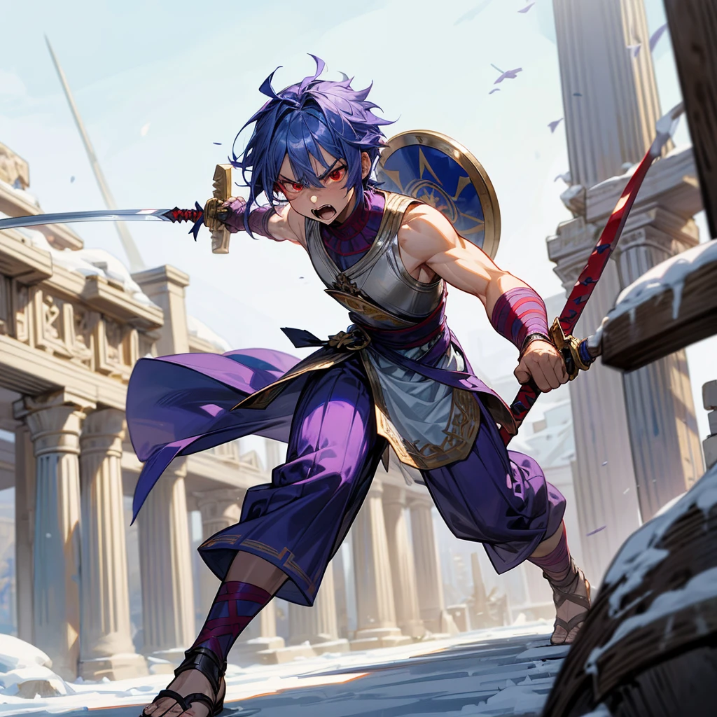 1boys orc, Full body version, red eyes, purple colour skins, angry eyes, cut hair, blue colour hair, angry expression, ancient greek clothing, gladiator sandals, Rapier sword in hand, small shield, silver armor vest, Grassroots background in snow, sunlight, sun, war gesture