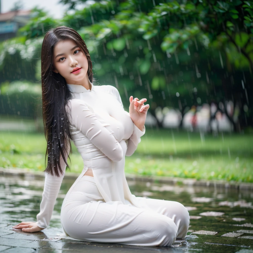 big breasts, round breasts, wearing bra inside ao dai, slim figure, beautiful figure, big breasts, long straight hair, ((sharp 8k quality photo)), ((details of beautiful, sharp face, face balanced) cho)), ((beautiful breasts, exposed cleavage, plump body), (( beautiful sparkling eyes, sharp eye details, beautiful face, balanced eyes)), (( sitting in the rain big body, wet ao dai, exposed breasts)), ((super beautiful body with high details, tight body, big bust and slim waist)), ((round breasts, exposed chest, tight bare chest, nude) ), ((it's raining heavily, there's no sunshine))