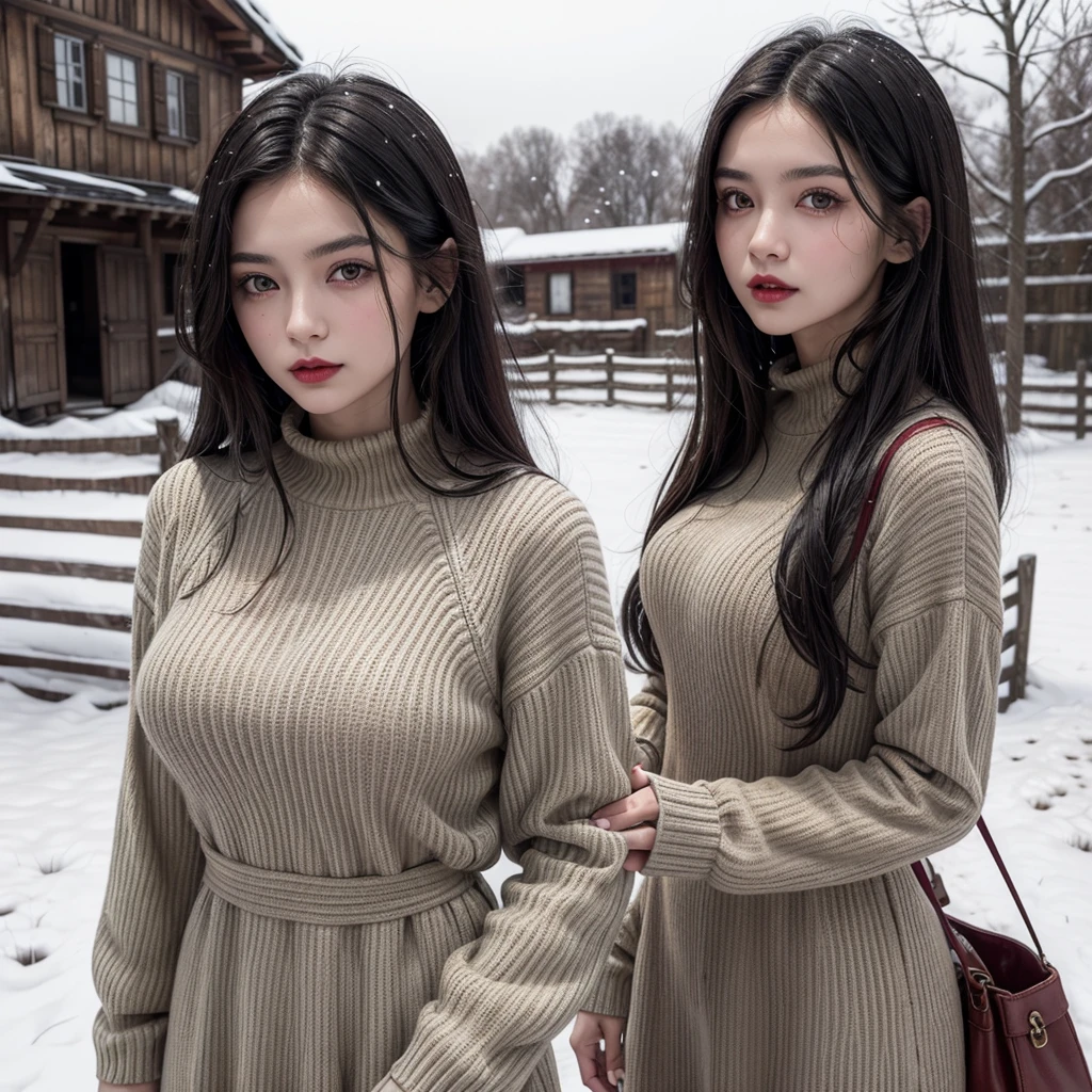 1  girl, long dark black hair, clear skin, big brown eyes, Slim appearance, Red lips, wears a dress, layer, Farmer, medieval era, black and white color, City, PLANTS, in a hurry, snow, sueter, chuck