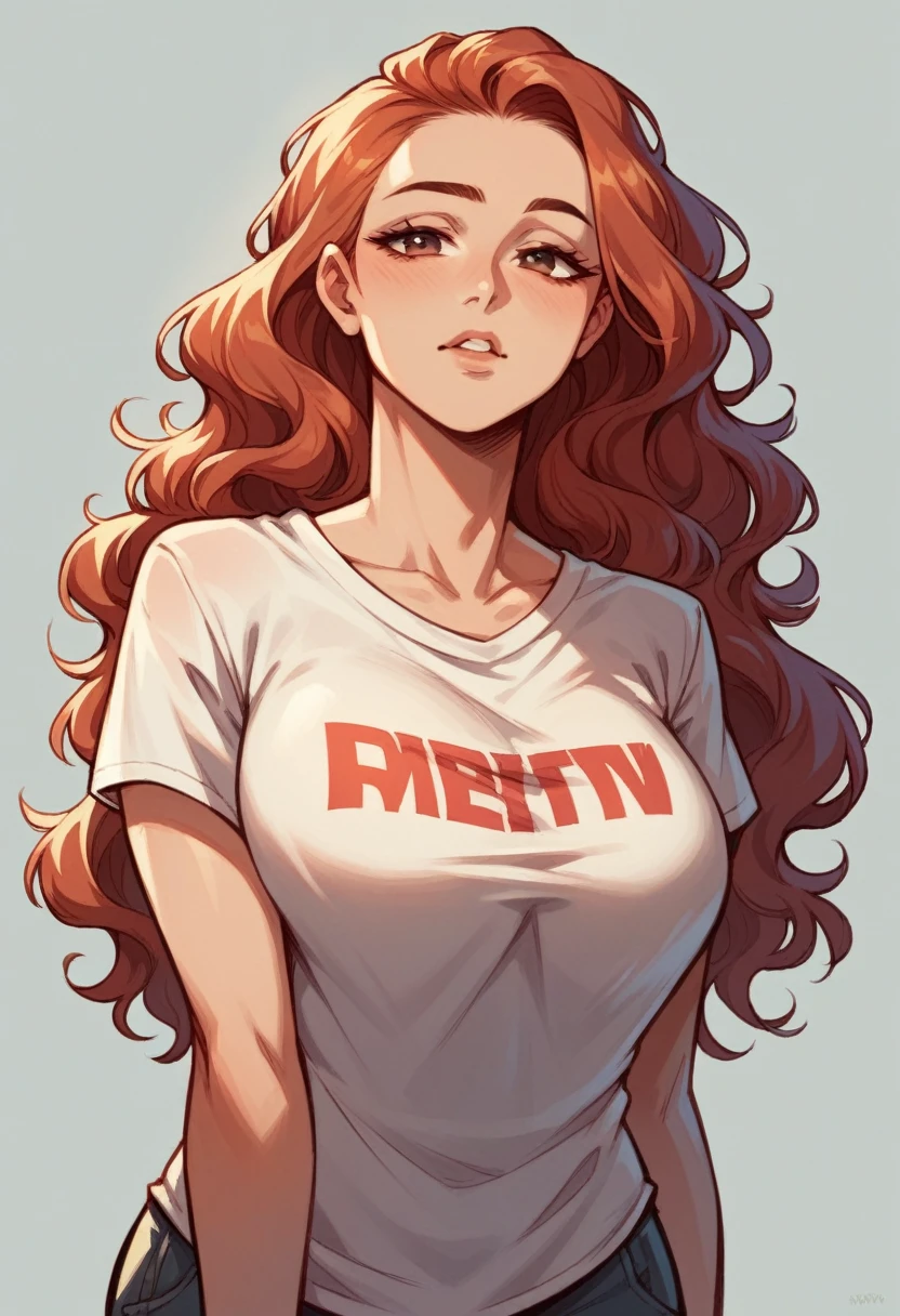 ,(sexy girl, ,)) ,,nsfw, glamorous, voluptuous, curvy, forehead, shoulder-length wavy hair ,long hair tied back((t-shirt, spats))