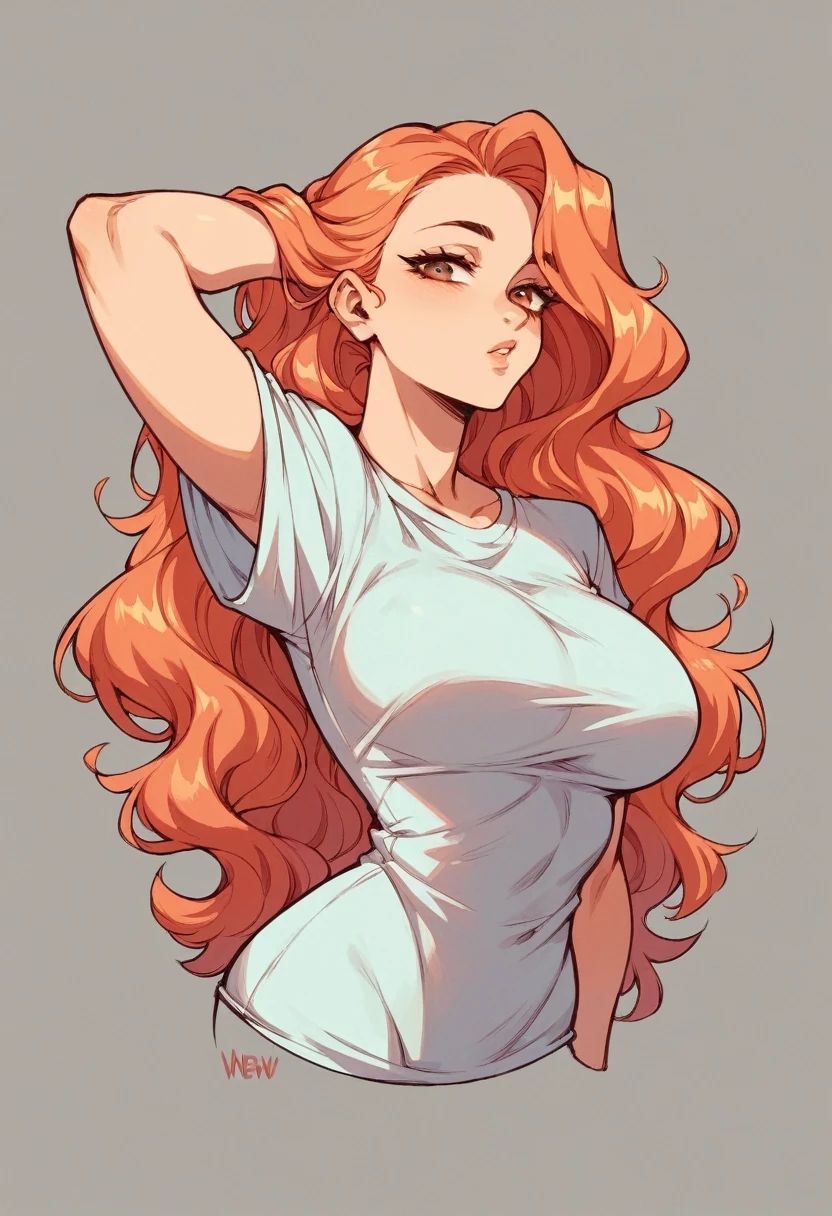 ,(sexy girl, ,)) ,,nsfw, glamorous, voluptuous, curvy, forehead, shoulder-length wavy hair ,long hair tied back((t-shirt, spats))