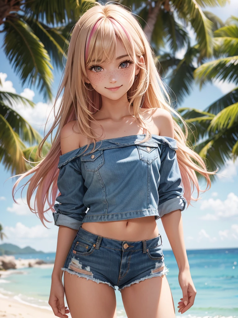 (best quality), 1girl, female, sun kissed skin, blonde hair, medium hair, swept bangs, pink streaked hair, brown eyes, perfect eyes, freckles, off_shoulder, denim_shorts, print_legwear, slender, smile, small bust, masterpiece, anatomically correct, highres