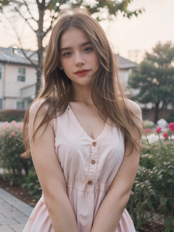 ((best quality)), ((masterpiece)), (detailed), 8k, RAW photo, Fujifilm, style photo of a beautiful young woman as avril in a garden of light pink roses (highly detailed skin: 1.2) Style-Petal BREAK long hair, blonde hair with colored locks, wearing a dress, film granulation, 35mm, cute style, blurred background