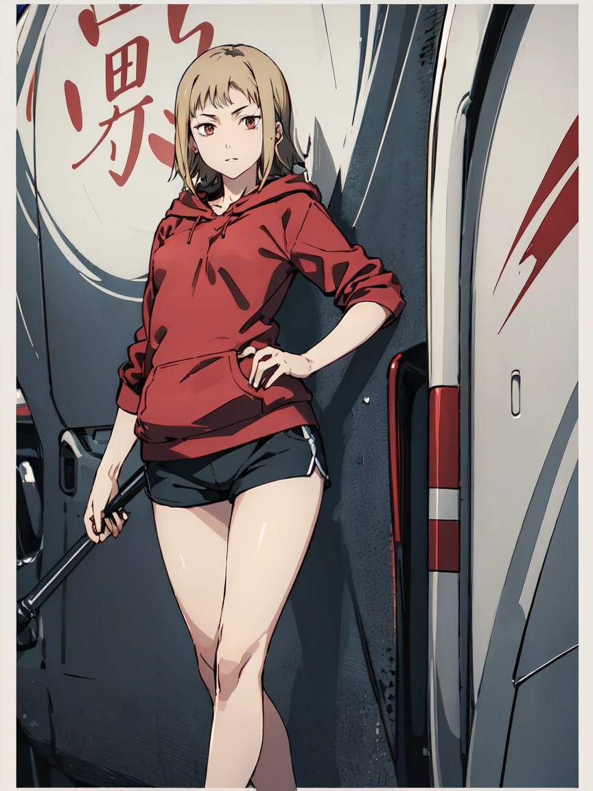 ((Highest quality)), ((masterpiece)), (be familiar with),Akane Sawatari,((Small breasts)),Pointy nipples,Tattoo of the uterus, Red hoodie,Shorts
