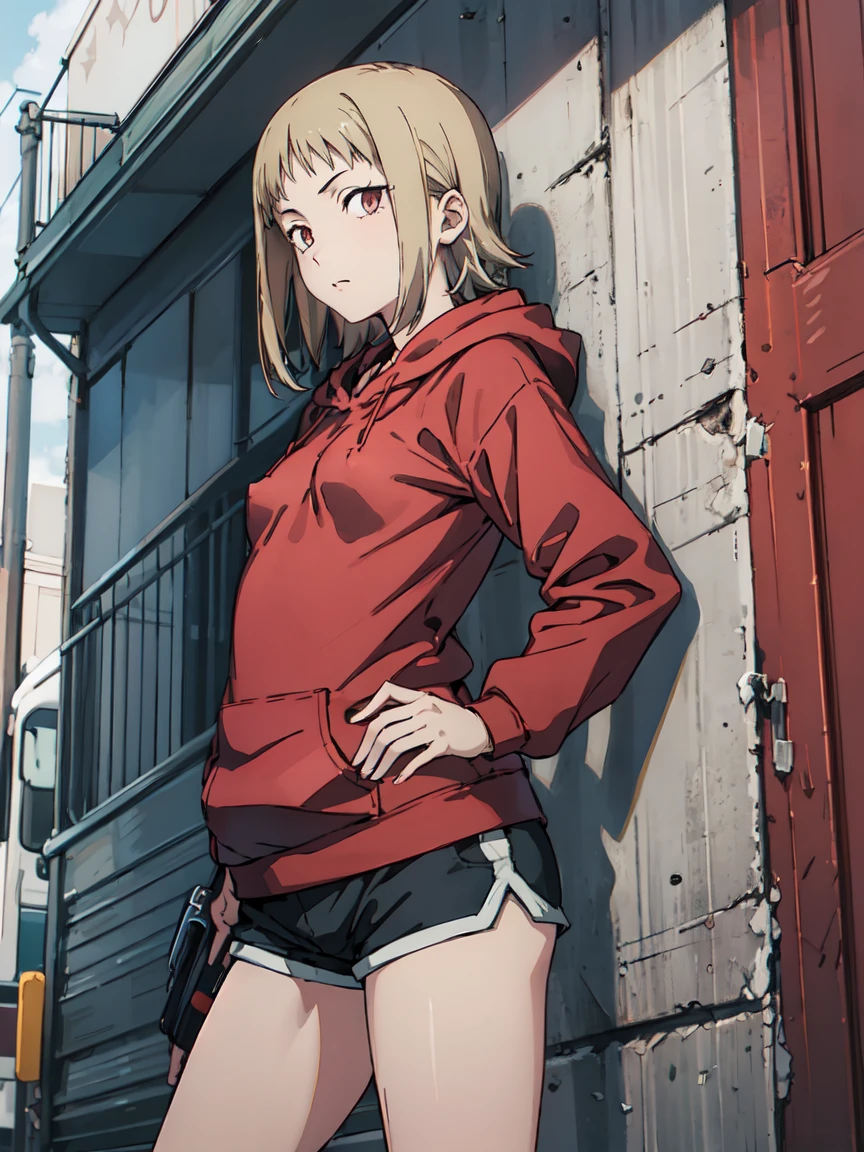 ((Highest quality)), ((masterpiece)), (be familiar with),Akane Sawatari,((Small breasts)),Pointy nipples,Tattoo of the uterus, Red hoodie,Shorts
