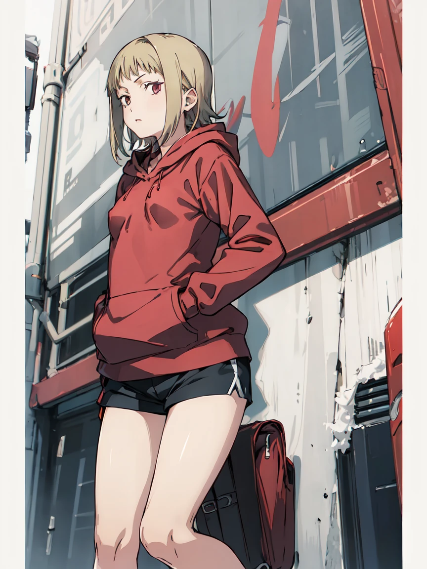 ((Highest quality)), ((masterpiece)), (be familiar with),Akane Sawatari,((Small breasts)),Pointy nipples,Tattoo of the uterus, Red hoodie,Shorts
