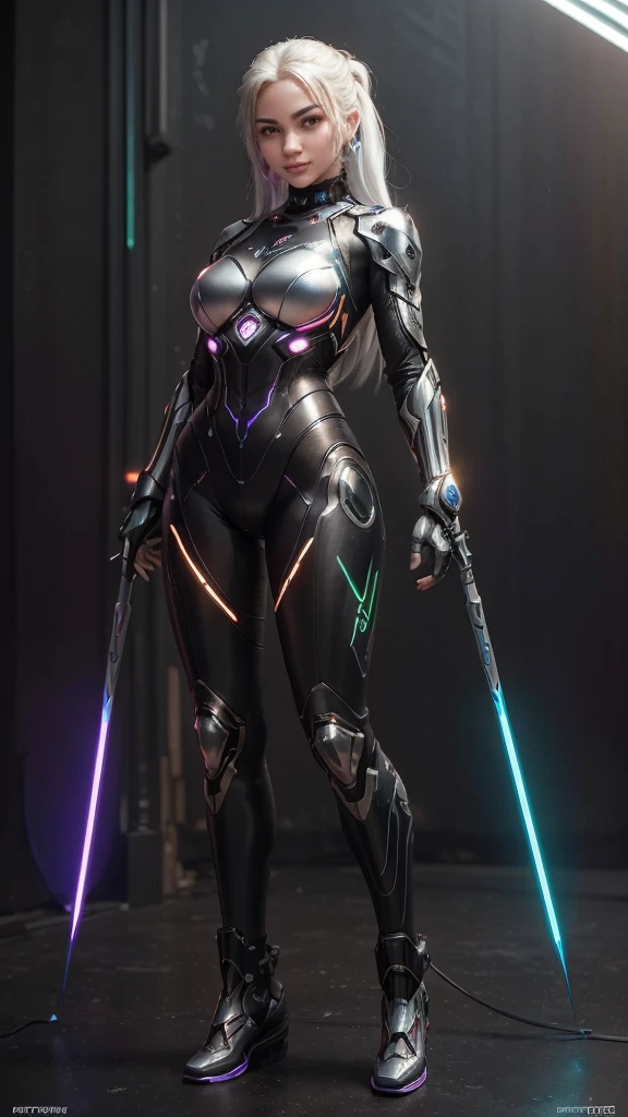 1girl, ultra realistic, ultra crisp, NVIDIA RTX, unreal engine, perfect fit body, realistic face, perfect face, realistic body, epic skin details, white hair, hair blown with strong winds, hyper rendering, ultra details, glowing eyes, purple eyes, blush, parted lips, cybernetic ear, cybernetic metalic hands, cybernetic metalic legs, luminous cybernetic futuristic metalic mechanical body, ultra realistic lights reflection details, ((full body shown)), from below, posing in the middle.