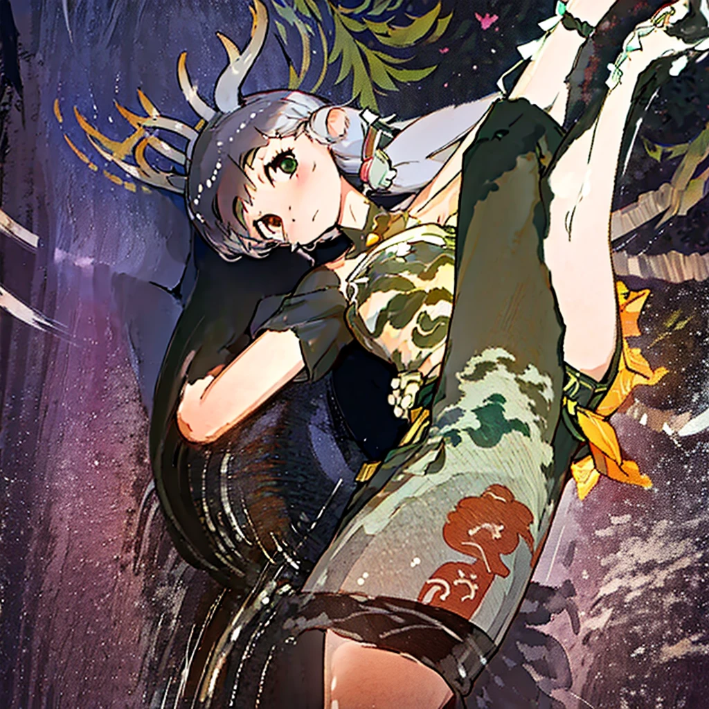 ((1Girl)) ((Deer Girl)) ((Deer horns)) ((Deer ears)) ((Deer legs)) ((Deer tail)) ((Deer Demihuman))

She has black fur, with white fur patches all over, she has long deer horns, and deer ears, she has soft black and white fur on her neck, legs, tail, and ears, as well as her pubes being a black and white fur, she has long sliver hair, her eyes are deerlike, her left eye is brown, and her right eye is green, she is , and curvy, she has deerlike features. 

She has a scar on her chest, she dresses in a cottagecore style with yellow long dresses and bows, she has a deer tail, she has deer horns, she is 5’3.