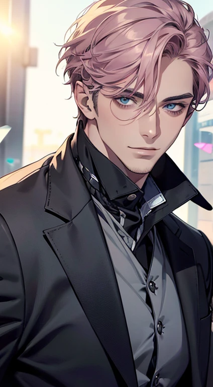 (best quality,4k,8k,highres,masterpiece:1.2),ultra-detailed,(realistic,photorealistic,photo-realistic:1.37),1 man,31 years old,mature man,very handsome,without expression,smile,short grey pink hair,blue eyes,penetrating gaze,perfect face without errors,imposing posture,businessman,office background,cinematic lighting,hdr image