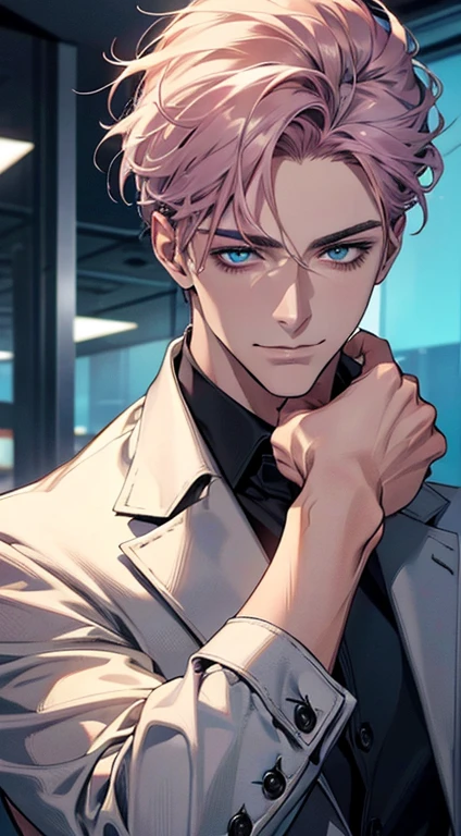 (best quality,4k,8k,highres,masterpiece:1.2),ultra-detailed,(realistic,photorealistic,photo-realistic:1.37),1 man,31 years old,mature man,very handsome,without expression,smile,short grey pink hair,blue eyes,penetrating gaze,perfect face without errors,imposing posture,businessman,office background,cinematic lighting,hdr image