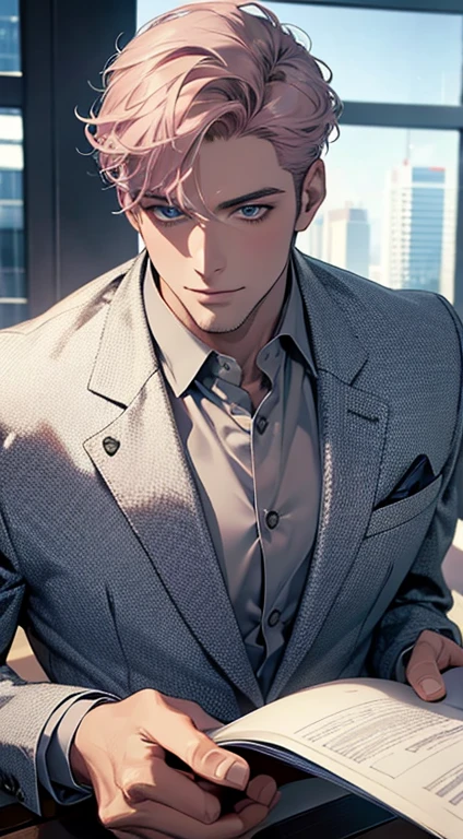 (best quality,4k,8k,highres,masterpiece:1.2),ultra-detailed,(realistic,photorealistic,photo-realistic:1.37),1 man,31 years old,mature man,very handsome,without expression,smile,short grey pink hair,blue eyes,penetrating gaze,perfect face without errors,imposing posture,businessman,office background,cinematic lighting,hdr image