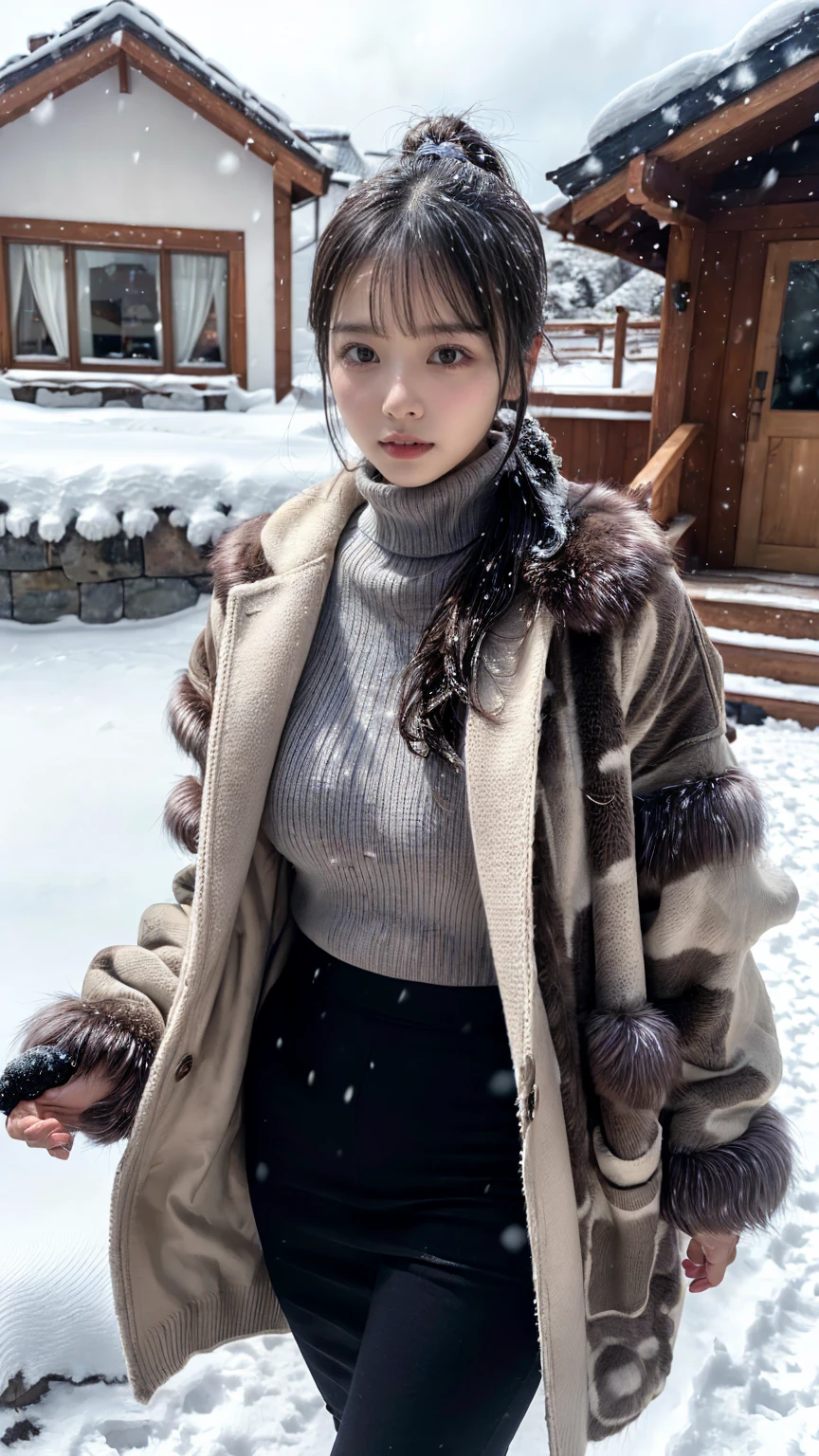(8K, RAW Photos, Highest quality, masterpiece:1.3), (professional photography, full colors, studio-caliber color grading), (Gravure quality for high-end fashion magazines), close up, BREAK, 25 year old girl,(perfect long ponytail:1.1), crying a little, Harajuku style, Big Natural Color Lip, (Plumpy body:1.2), (smooth skin:1.1), (huge breasts:1.1 (expresses the roundness and softness of the chest area..1.1 (Emphasize body line:1.1 BREAK (Wear a thick, large fur coat and a grey turtleneck knit elegantly:1.3 BREAK winter, snow scene, snowing, (Walking in the snow in Norway:1.1)