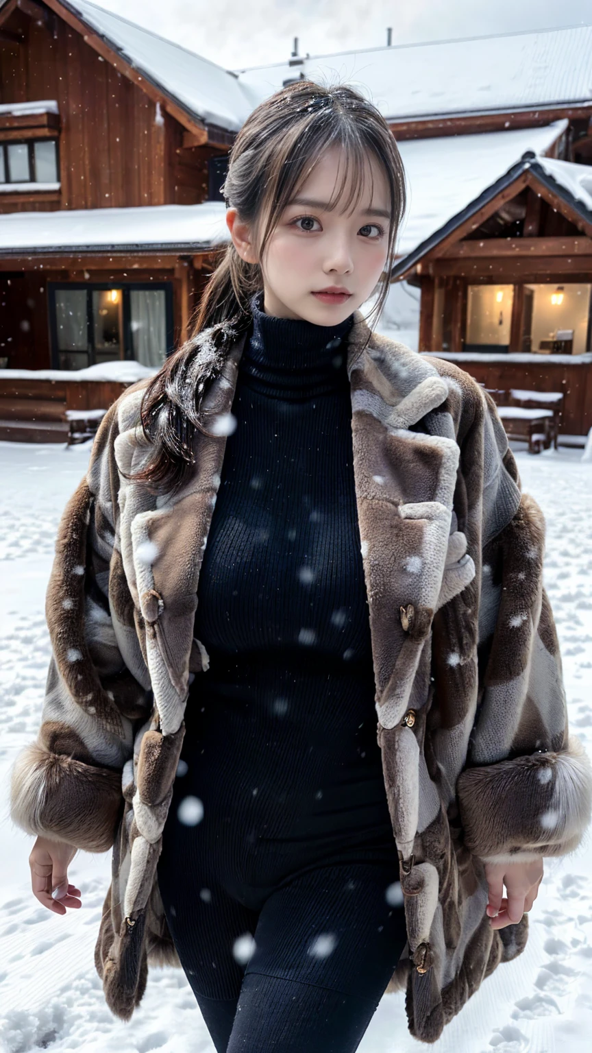 (8K, RAW Photos, Highest quality, masterpiece:1.3), (professional photography, full colors, studio-caliber color grading), (Gravure quality for high-end fashion magazines), close up, BREAK, 25 year old girl,(perfect long ponytail:1.1), crying a little, Harajuku style, Big Natural Color Lip, (Plumpy body:1.2), (smooth skin:1.1), (huge breasts:1.1 (expresses the roundness and softness of the chest area..1.1 (Emphasize body line:1.1 BREAK (Wear a thick, large fur coat and a grey turtleneck knit elegantly:1.3 BREAK winter, snow scene, snowing, (Walking in the snow in Norway:1.1)